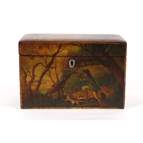 256 - A Regency green ground painted papier-mâché tea caddy decorated with huntsmen and dogs on a shoot, 1... 