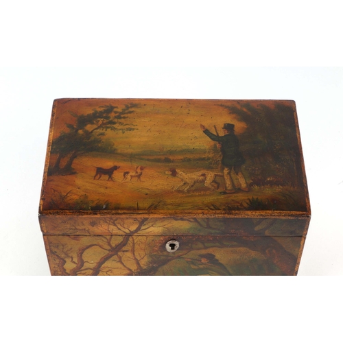 256 - A Regency green ground painted papier-mâché tea caddy decorated with huntsmen and dogs on a shoot, 1... 