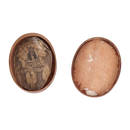 257 - A 17th century oval tobacco box with remnants of a Charles II portrait print to lid, with CRII Coron... 