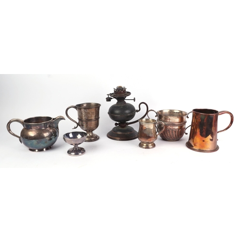 270 - A quantity of 18th century and later metalware to include a copper tankard; a Sheffield plate two-ha... 