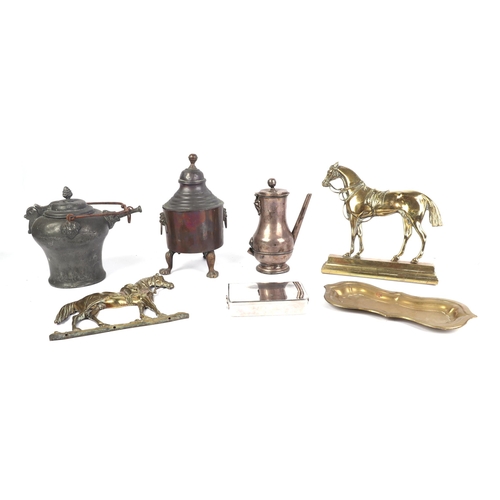 270 - A quantity of 18th century and later metalware to include a copper tankard; a Sheffield plate two-ha... 