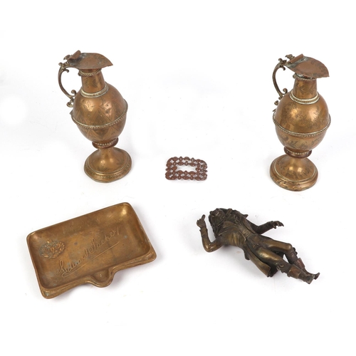 270 - A quantity of 18th century and later metalware to include a copper tankard; a Sheffield plate two-ha... 