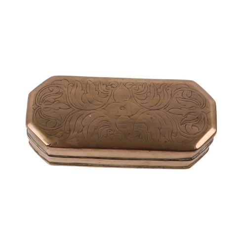 273 - A late / early 19th century Dutch brass tobacco box with wrigglework decoration, 15.5cms wide.