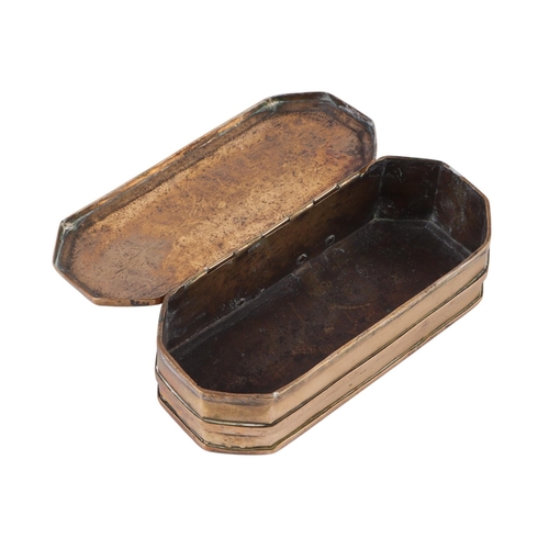 273 - A late / early 19th century Dutch brass tobacco box with wrigglework decoration, 15.5cms wide.