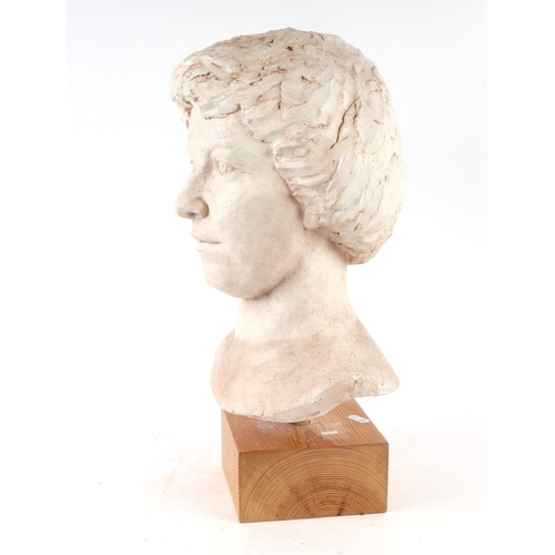 276 - William Dench (circa 1960) - a plaster head study of a woman, mounted on a pine plinth, 37cms high.