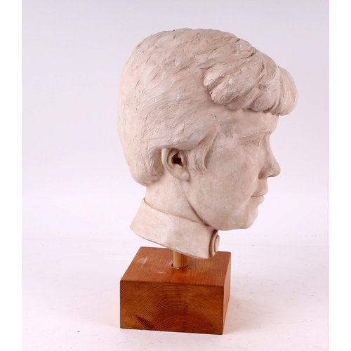 278 - William Dench (circa 1960) - a plaster head study of a young man, mounted on a pine plinth, 33cms hi... 