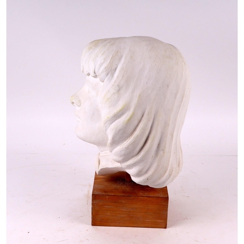 279 - William Dench (circa 1960) - a plaster head study of a young woman, mounted on a pine plinth, 329cms... 