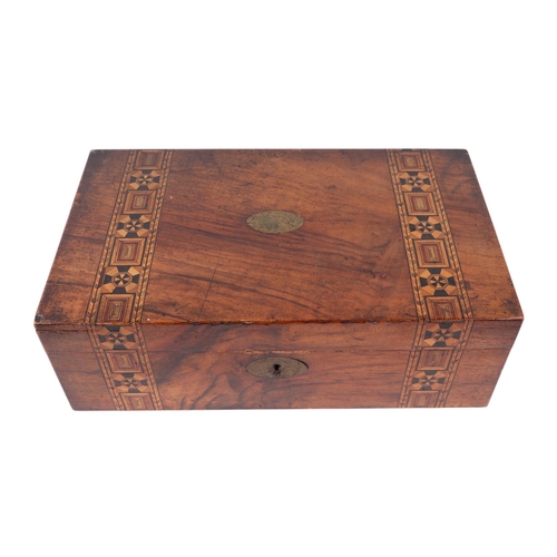 292 - A Victorian figured walnut writing slope with Tunbridge ware style banded inlay, 40cms wide.