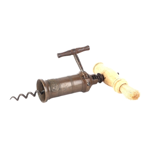 300 - A Thomason type brass barrel King Screw mechanical corkscrew with applied Coat of Arms Patent badge ... 