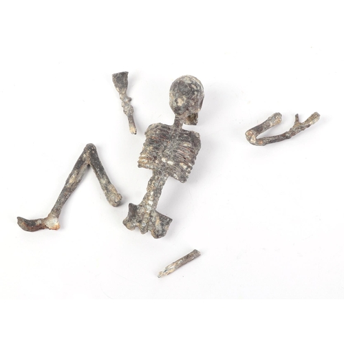 314 - A memento mori metal skeleton, skull, torso and limbs, fragmentary, possibly 18th or 19th century, b... 