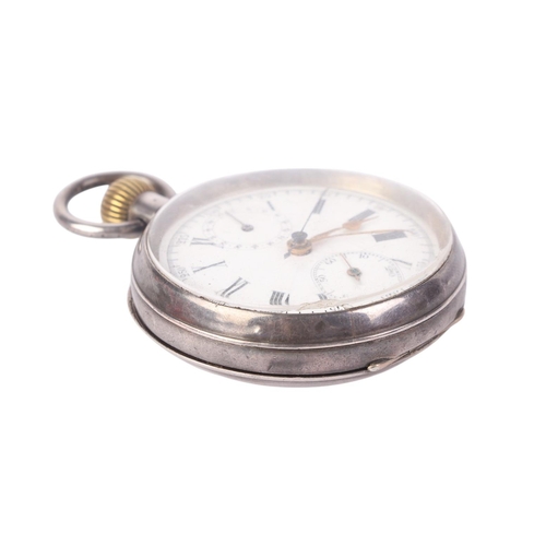 326 - An open faced silver cased chronograph pocket watch, the white enamel dial with Roman numerals and s... 