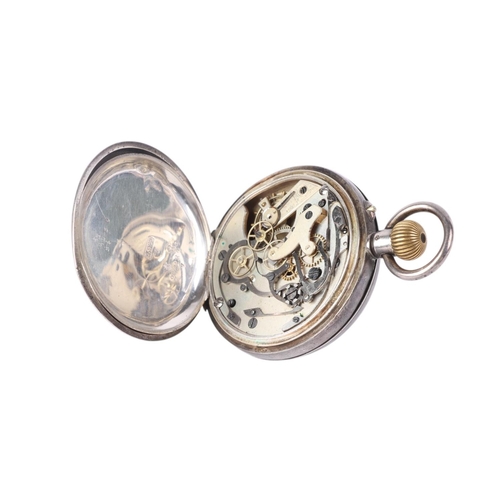 326 - An open faced silver cased chronograph pocket watch, the white enamel dial with Roman numerals and s... 