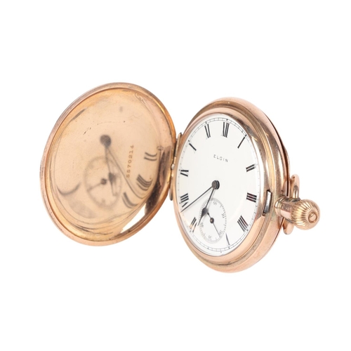 327 - An Elgin gold plated cased full hunter pocket watch, the white enamel dial with Roman numerals and s... 