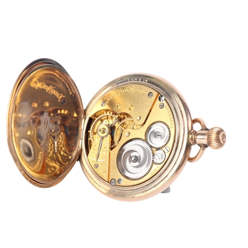 327 - An Elgin gold plated cased full hunter pocket watch, the white enamel dial with Roman numerals and s... 