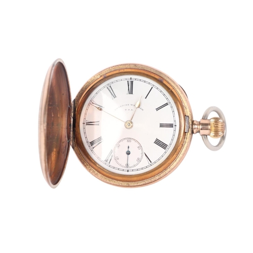 328 - A Waltham gold plated cased full hunter pocket watch, the white enamel dial with Roman numerals and ... 