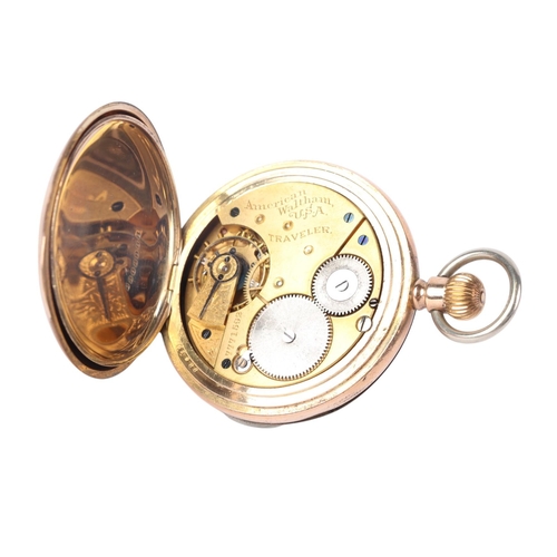 328 - A Waltham gold plated cased full hunter pocket watch, the white enamel dial with Roman numerals and ... 