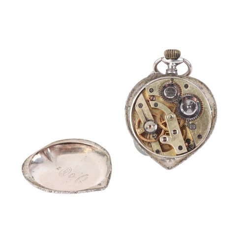 329 - A silver cased open faced heart shaped fob watch, the white enamel dial with Roman numerals.