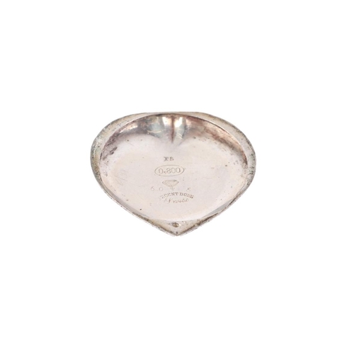 329 - A silver cased open faced heart shaped fob watch, the white enamel dial with Roman numerals.