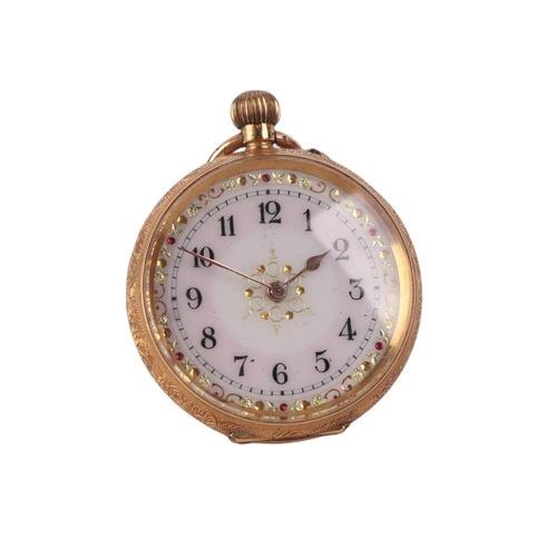 333 - A Victorian 18ct gold cased fob watch, the white enamel dial with Arabic numerals, 3.5cms diameter, ... 