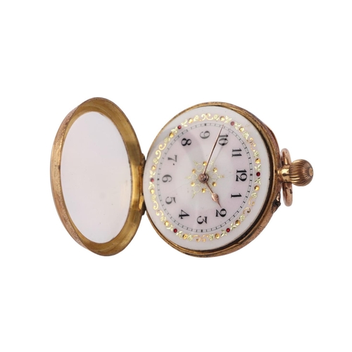 333 - A Victorian 18ct gold cased fob watch, the white enamel dial with Arabic numerals, 3.5cms diameter, ... 