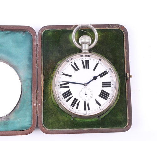 335 - A very large nickel cased open faced Goliath pocket watch, the white enamel dial with Roman numerals... 