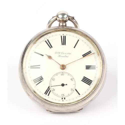 336 - A silver cased open faced pocket watch, the white enamel dial with Roman numerals and subsidiary sec... 