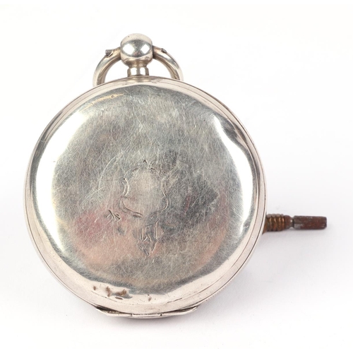 336 - A silver cased open faced pocket watch, the white enamel dial with Roman numerals and subsidiary sec... 