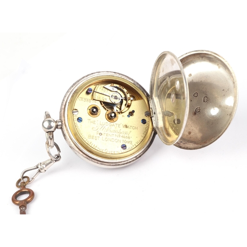 336 - A silver cased open faced pocket watch, the white enamel dial with Roman numerals and subsidiary sec... 