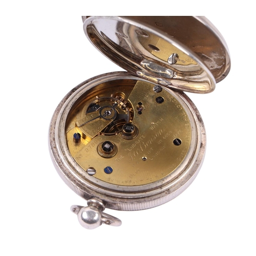 340 - A silver cased open faced pocket watch, the white enamel dial with Roman numerals and subsidiary sec... 