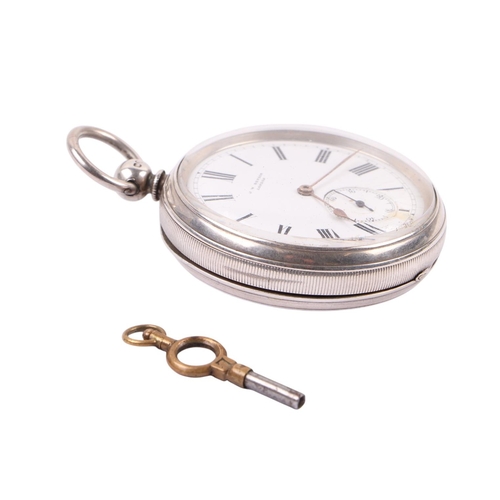 340 - A silver cased open faced pocket watch, the white enamel dial with Roman numerals and subsidiary sec... 