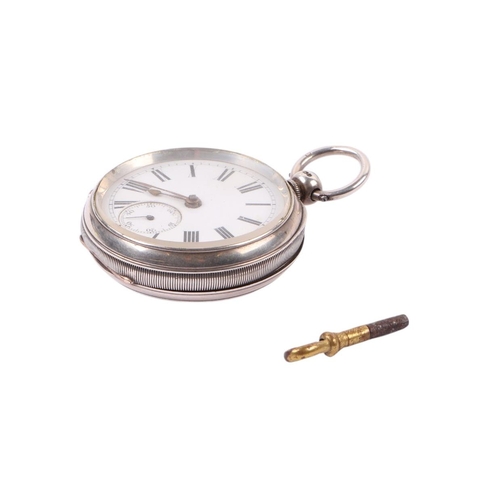 341 - A silver cased open faced pocket watch, the white enamel dial with Roman numerals and subsidiary sec... 