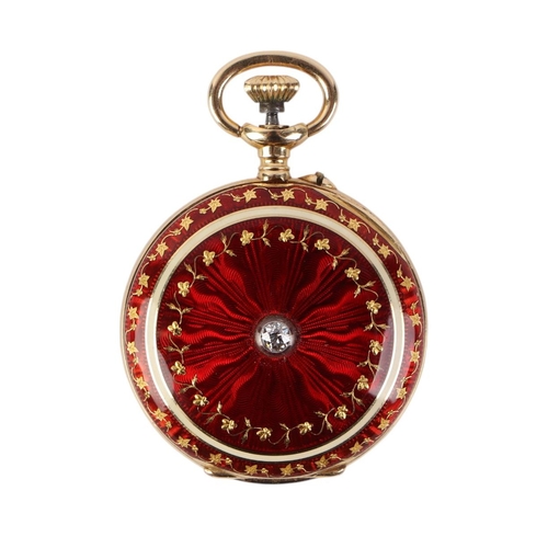 343 - A French 18ct gold and enamel ladies open faced fob watch, the white enamel dial with Arabic numeral... 