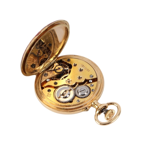 343 - A French 18ct gold and enamel ladies open faced fob watch, the white enamel dial with Arabic numeral... 