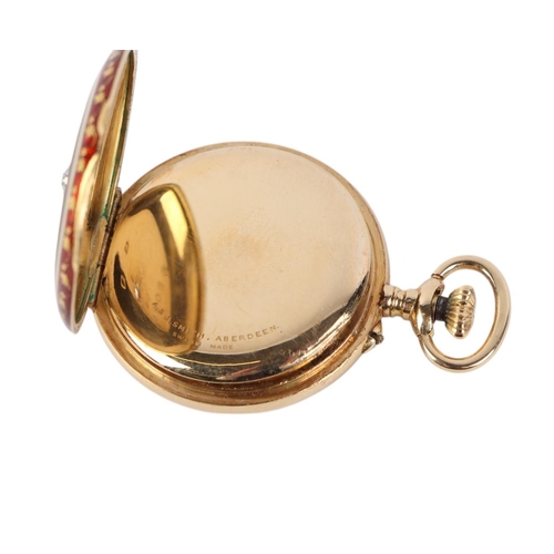 343 - A French 18ct gold and enamel ladies open faced fob watch, the white enamel dial with Arabic numeral... 