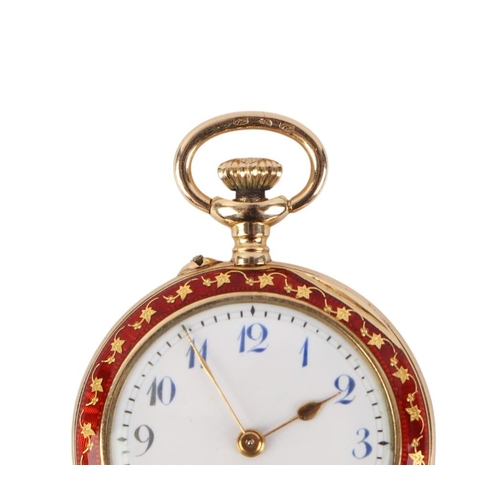 343 - A French 18ct gold and enamel ladies open faced fob watch, the white enamel dial with Arabic numeral... 