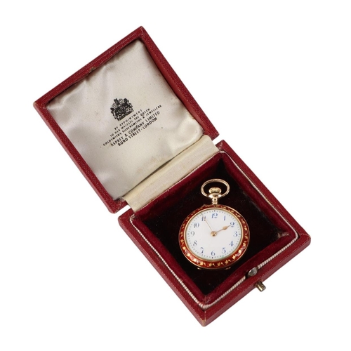 343 - A French 18ct gold and enamel ladies open faced fob watch, the white enamel dial with Arabic numeral... 