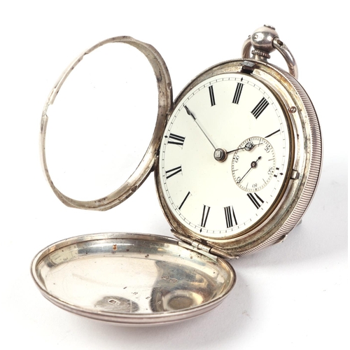 345 - A silver cased full hunter pocket watch, the white enamel dial with Roman numerals and subsidiary se... 