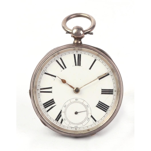 347 - A silver cased open faced pocket watch, the white enamel dial with Roman numerals and subsidiary sec... 