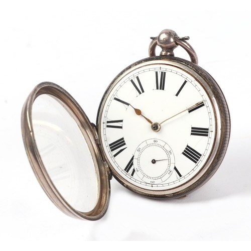 347 - A silver cased open faced pocket watch, the white enamel dial with Roman numerals and subsidiary sec... 