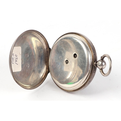 348 - A silver cased open faced pocket watch, the white enamel dial with Roman numerals.