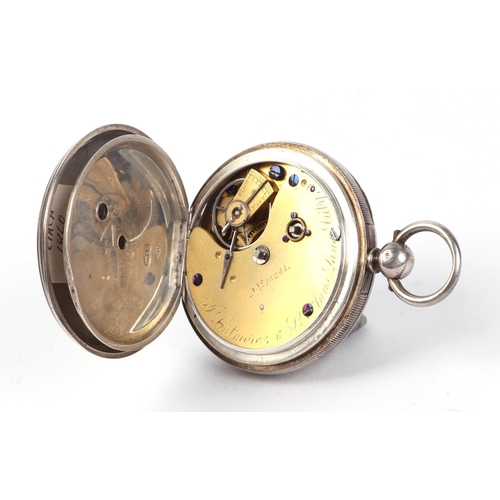 348 - A silver cased open faced pocket watch, the white enamel dial with Roman numerals.