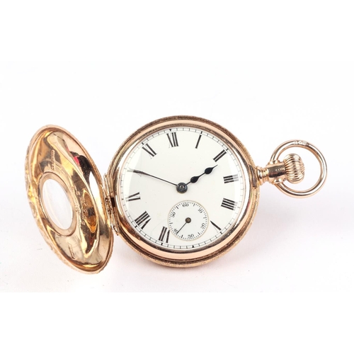 349 - A 9ct rose gold half hunter fob watch, the white enamel dial with Roman numerals and subsidiary seco... 