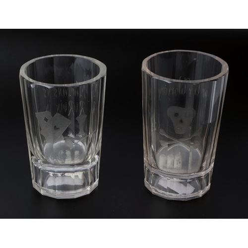 35 - Two 19th century gambler's glasses with three inset dice to the base, one engraved with playing card... 