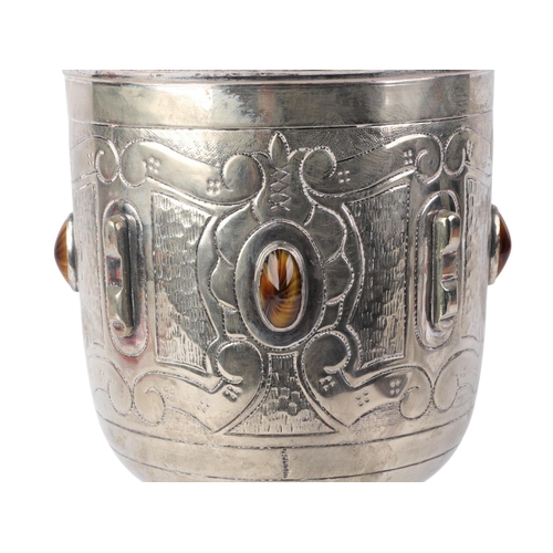 377 - A large silver plated chalice with cabochon decoration, 27cms high.