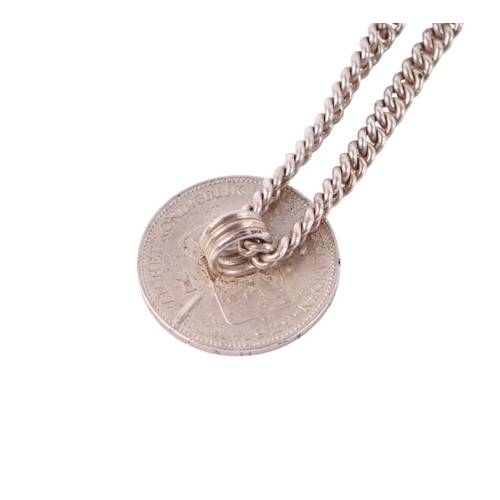 384 - A silver coloured metal muff chain, 126g.