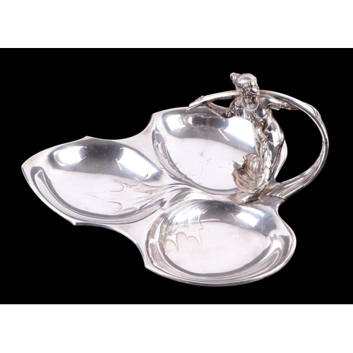 391 - A WMF Art Nouveau silver plated hors d'oeuvres dish of trefoil form with sinuous young maiden handle... 