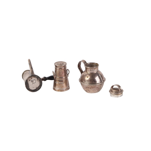 436 - Three novelty silver miniature items, a Channel Island milk can, a pepper caster in the form of a co... 