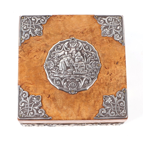 449 - A Prussian silver mounted Karelian wood box in the Oriental taste, with London import marks for 1926... 