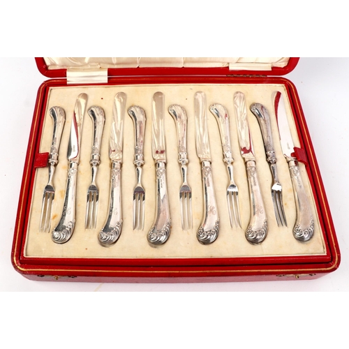 453 - A cased twelve-piece setting silver handled dessert cutlery with pistol grips, initialled 'H'.