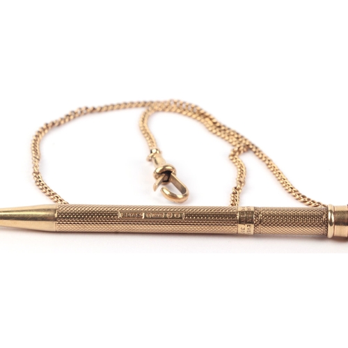 497 - A yellow metal Morden Everpoint propelling pencil on a 9ct gold chain, gross weight 20g